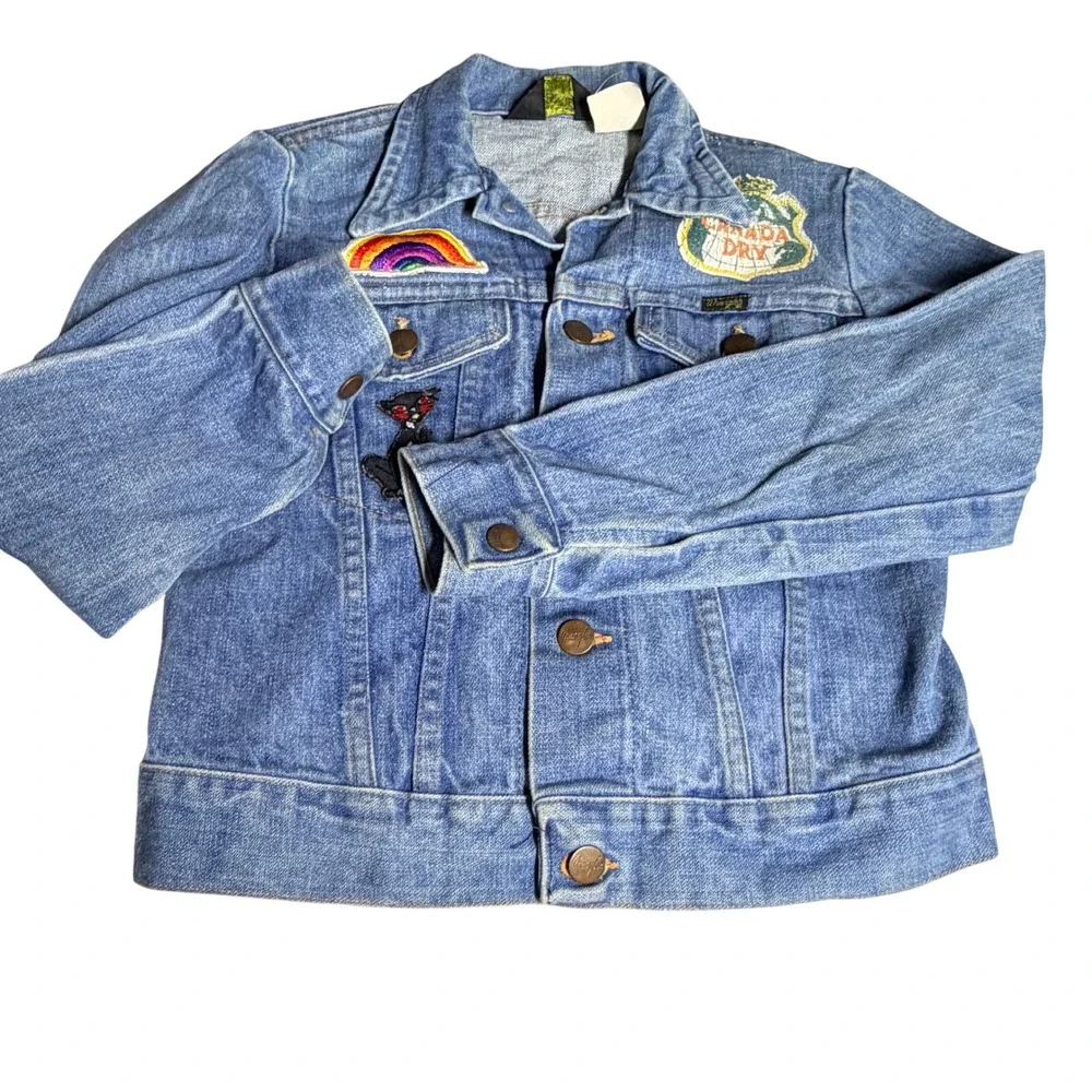 Vintage Wrangler Kids Denim Jacket Blue Patches Rainbow Canada Dry Made in USA